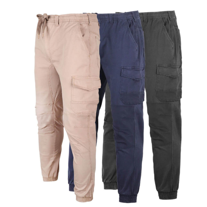 Three pairs of cargo jogger pants in beige, blue, and gray on a white background.