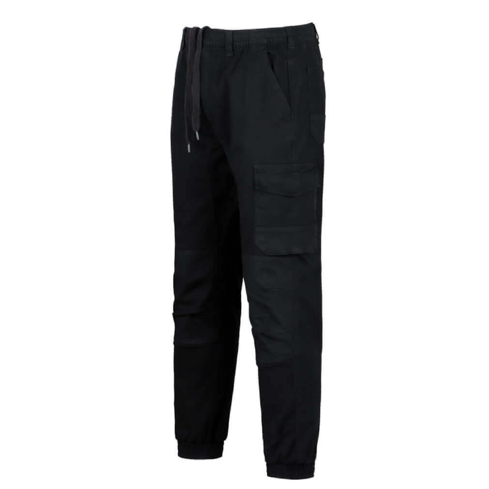 Black cargo pants on a white background