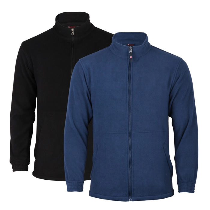Black and blue full zip-up fleece  jackets on a white background