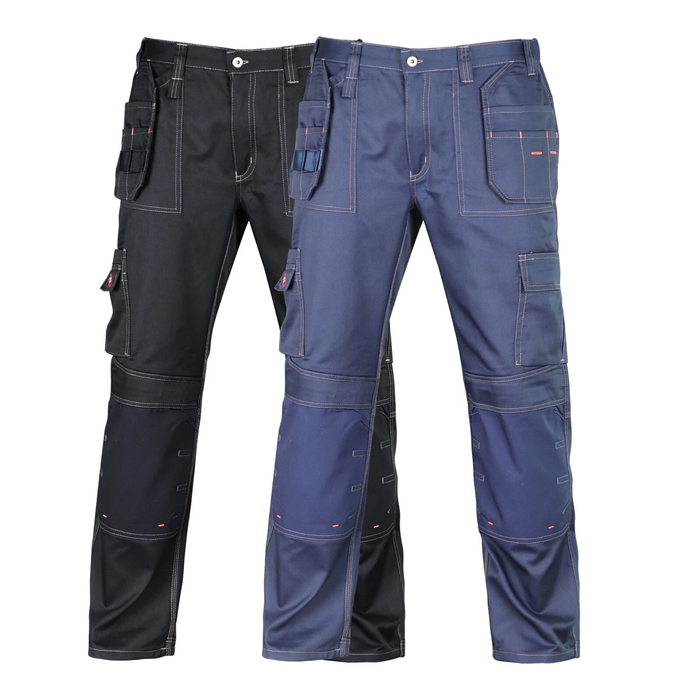 Black and blue holster pocket work pants with multiple pockets and knee pad on a white background