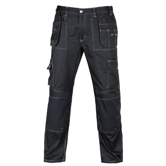 Black holster work pants with multiple pockets on a white background