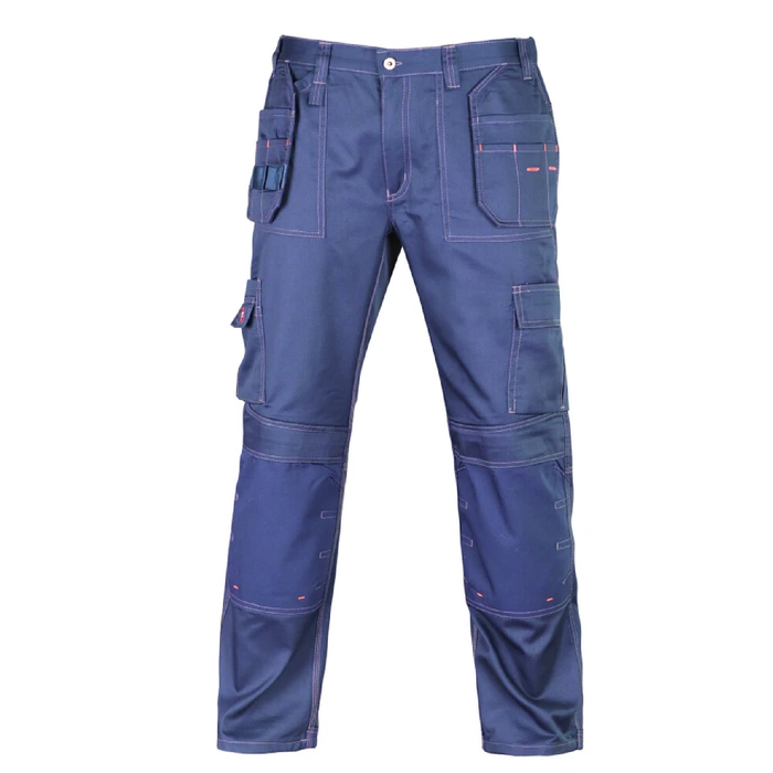Blue holster work pants with multiple pockets on a white background
