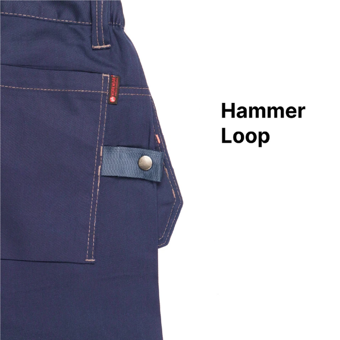 Navy blue pants with a hammer loop feature on a white background
