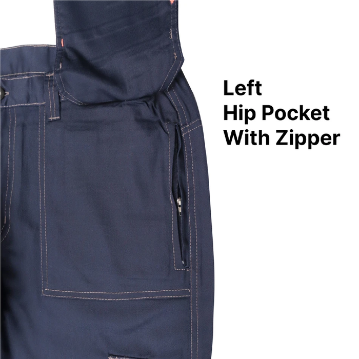 Navy blue pants with a left hip pocket featuring a zipper on a white background.