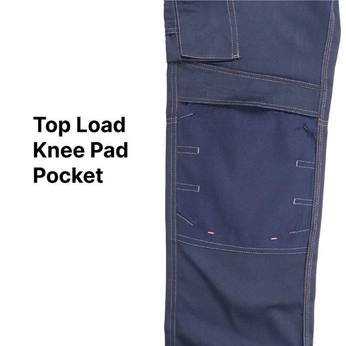 Navy blue work pants with a top load knee pad pocket on a white background.