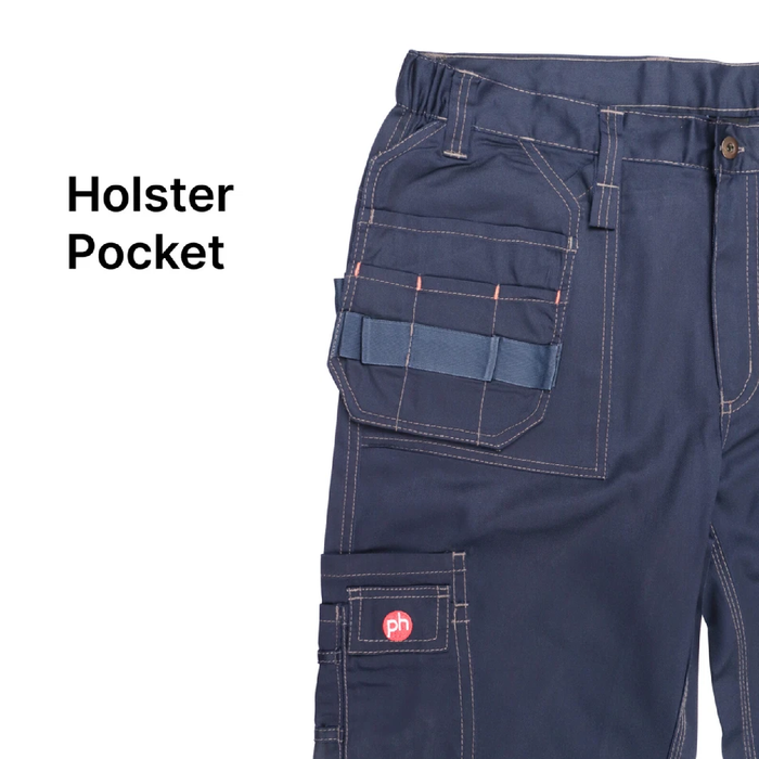 Navy blue work pants with a holster pocket on a white background