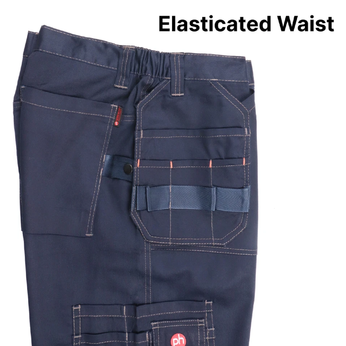 Navy blue work pants with multiple pockets and an elasticated waist on a white background.