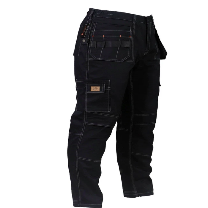 Black holster work pants with multiple pockets on a white background