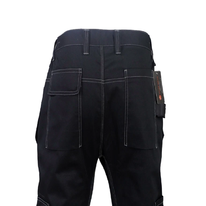 Black work pants with multiple pockets on a white background