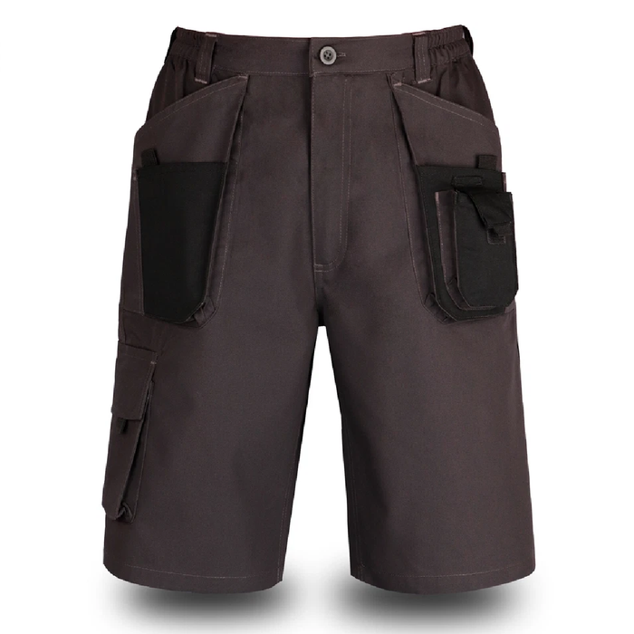 Dark ash work shorts with multiple pockets on a white background
