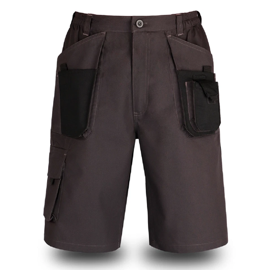 Dark ash work shorts with multiple pockets on a white background