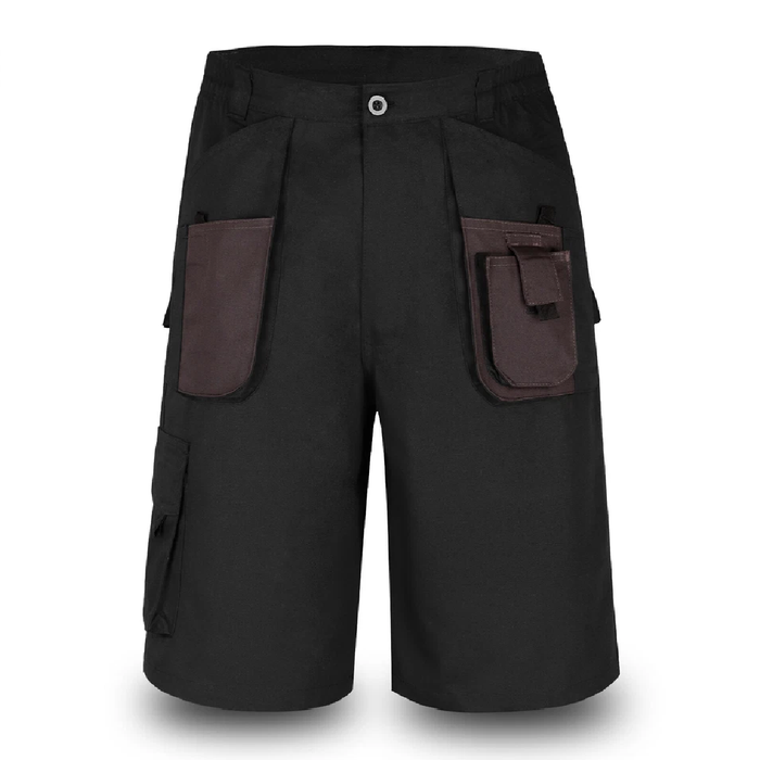 Black shorts with brown pockets on a white background