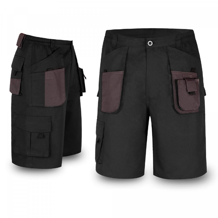 Black cargo shorts with multiple pockets on a white background