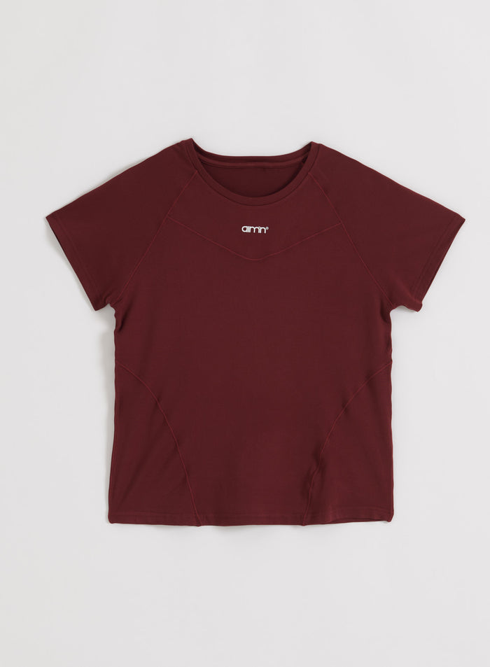 Merlot Soft Basic Short Sleeve workout top from aim'n featuring a round neck and white logo.