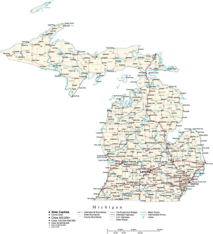 Michigan Map - Cut Out Style - with Capital, County Boundaries, Cities, Roads, and Water Features