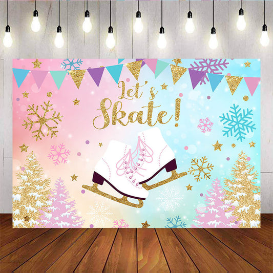 Mocsicka Let's Skating Party Backdrop Roller Skates Golden Snowflake Photo Background-Mocsicka Party