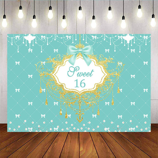 Mocsicka Sweet Sixteen Backdrop Pearls and Bows 16th Birthday Party Supplies-Mocsicka Party