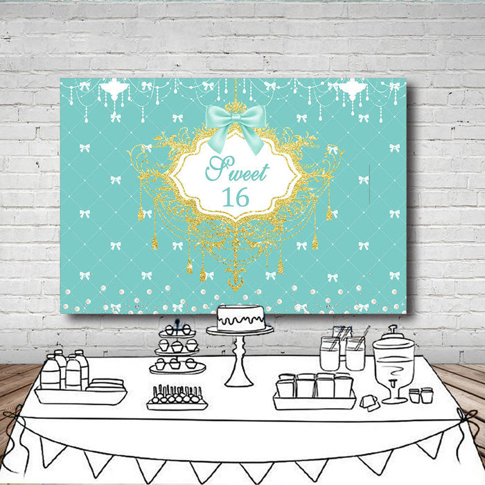 Mocsicka Sweet Sixteen Backdrop Pearls and Bows 16th Birthday Party Supplies