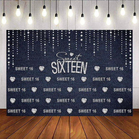 Mocsicka Sweet Sixteen Denim and Diamonds Backdrop Girl 16th Birthday Party Props-Mocsicka Party