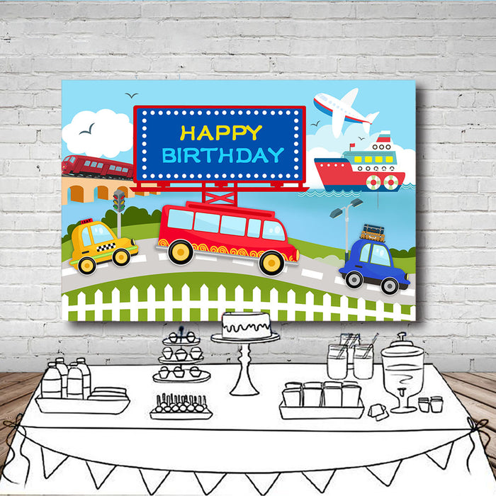 Mocsicka Traffic Theme Happy Birthday Backdrop Taxi Bus Plane and Ship Photo Background