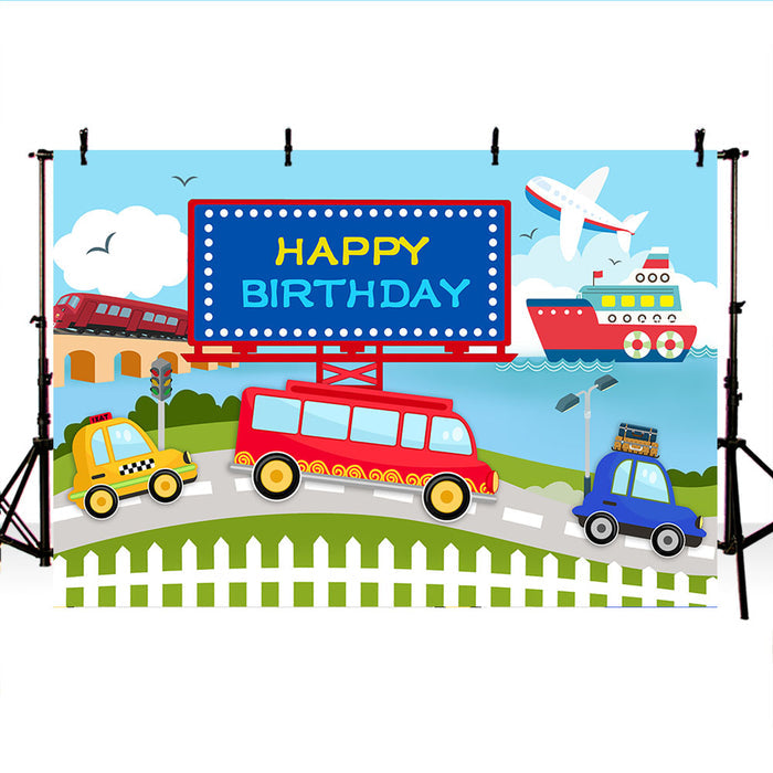 Mocsicka Traffic Theme Happy Birthday Backdrop Taxi Bus Plane and Ship Photo Background