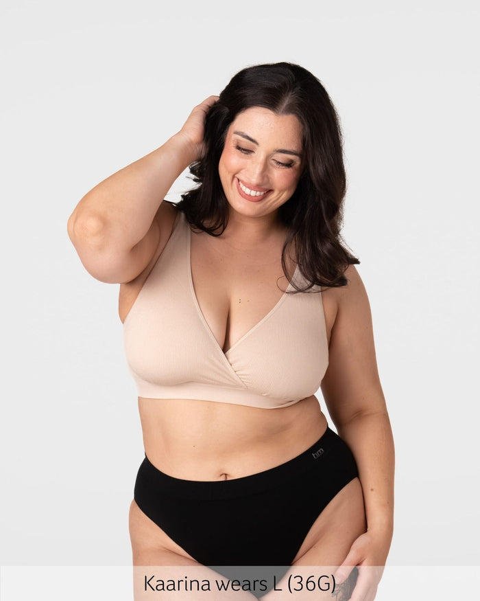 Model smiling wearing the Hotmilk My Comfort Nursing Bra in Oat with black Hotmilk briefs – full body front view showing wirefree silhouette and everyday relaxed fit