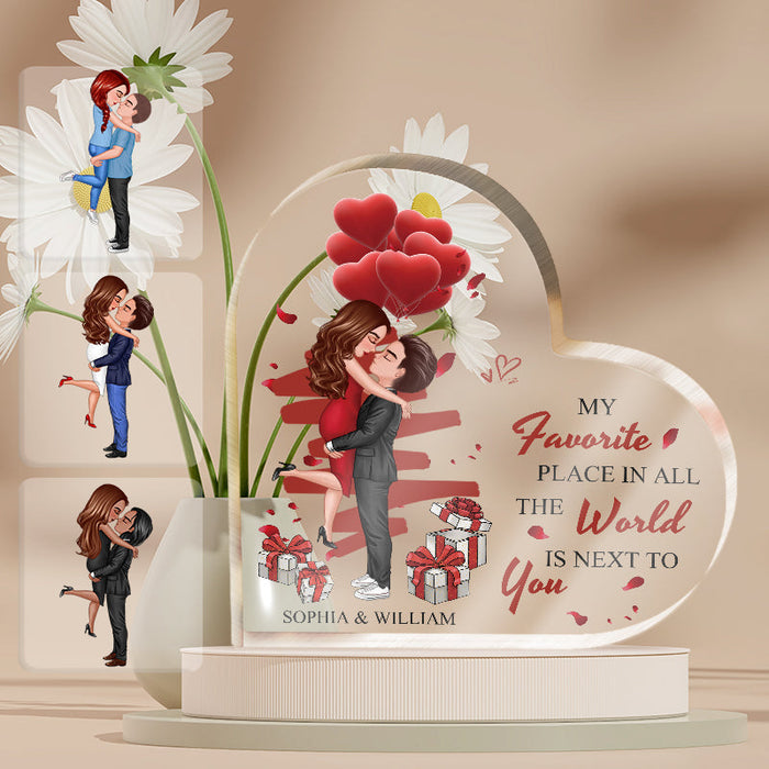 My Favorite Place In All The World Is Next To You Couple Personalized Custom Heart Shaped Acrylic Plaque