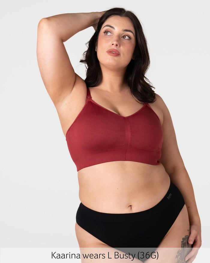 Hotmilk My Necessity 2.0 FlexFit Nursing Bra in Cherry Busty – front view, seamless wirefree nursing bra with extra internal support for fuller busts, cup sizes E–G