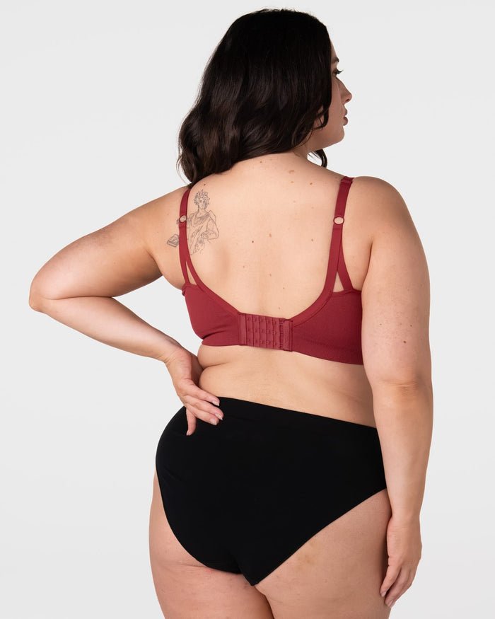 Hotmilk My Necessity 2.0 FlexFit Nursing Bra in Cherry – back view showing 6-hook closure and smooth seamless finish, flexible wirefree nursing bra in recycled nylon