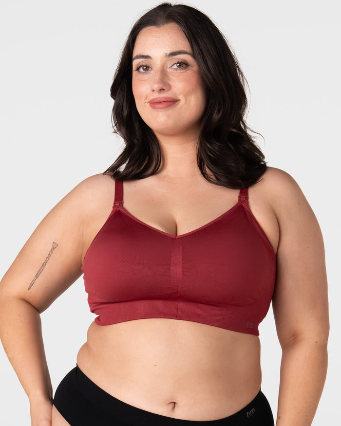 Hotmilk My Necessity 2.0 FlexFit Nursing Bra in Cherry – lifestyle shot, wirefree seamless nursing bra ideal for hospital, sleep and everyday wear during pregnancy and postpartum