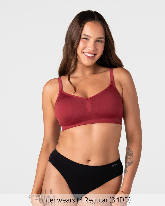Hotmilk My Necessity 2.0 FlexFit Nursing Bra in Cherry – front view, seamless wirefree maternity and nursing bra in recycled nylon, cup sizes A–DD