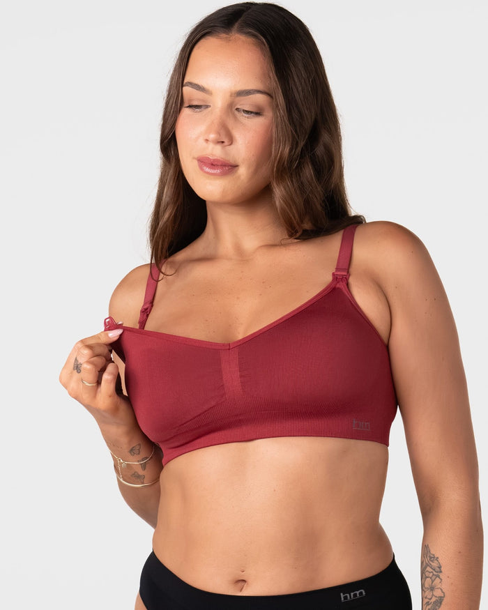 Hotmilk My Necessity 2.0 FlexFit Nursing Bra in Cherry – close-up of one-handed drop-down nursing cup and side-sling for easy breastfeeding access and skin-to-skin contact