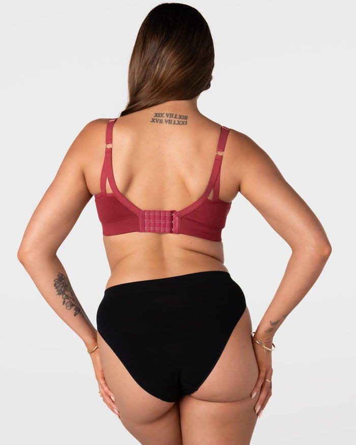 Hotmilk My Necessity 2.0 FlexFit Nursing Bra in Cherry – back view showing 6-hook closure and smooth seamless finish, flexible wirefree nursing bra in recycled nylon