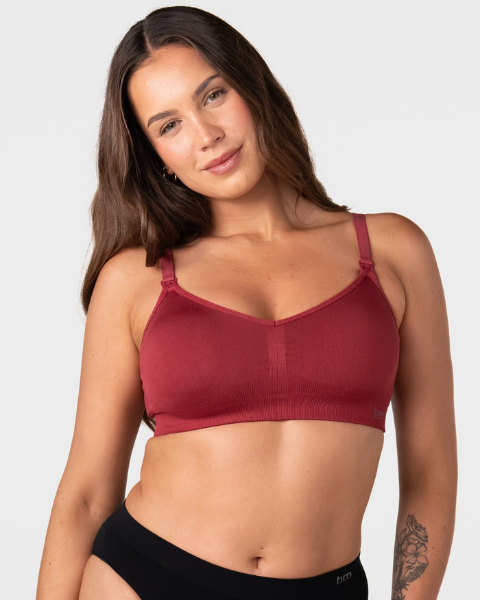Hotmilk My Necessity 2.0 FlexFit Nursing Bra in Cherry – lifestyle shot, wirefree seamless nursing bra ideal for hospital, sleep and everyday wear during pregnancy and postpartum