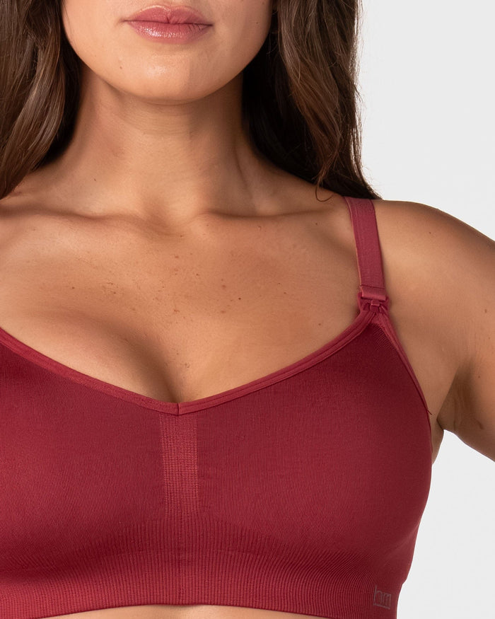 Hotmilk My Necessity 2.0 FlexFit Nursing Bra in Cherry – detail of ultra-soft recycled nylon fabric with removable contour cups, seamless FlexFit nursing bra in Cherry