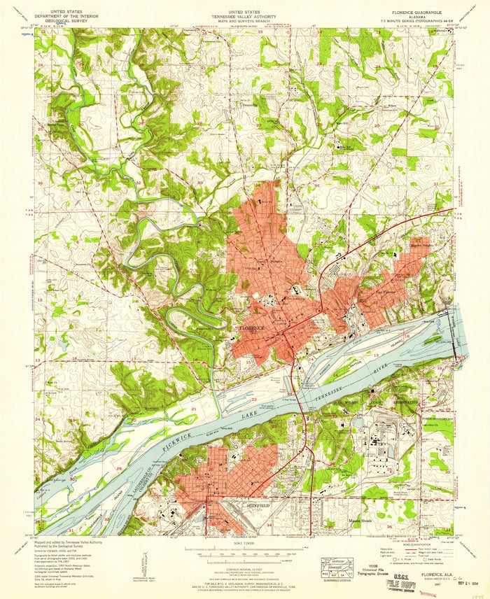 Old Map of Florence, Alabama by USGS, 1957 – Pickwick Lake, Tennessee River & Wilson Dam