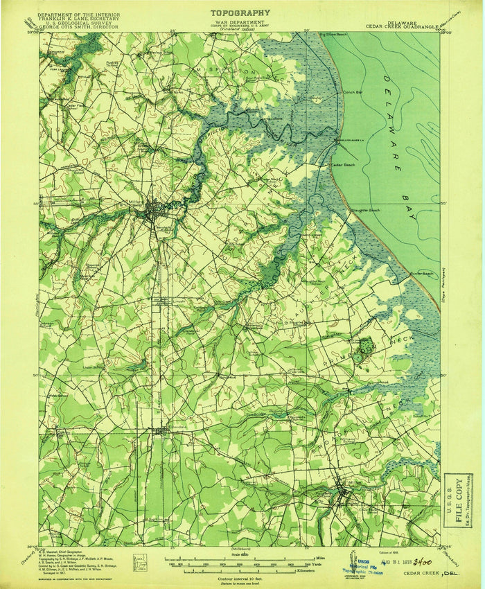 Old Map of Milton, Delaware by USGS, 1918 – Cedar Creek, Delaware Bay & Primehook Neck
