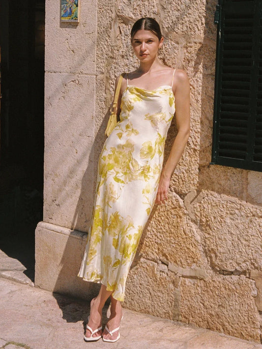 Oona Satin Sophie Fleur Cowl Neck Dress
