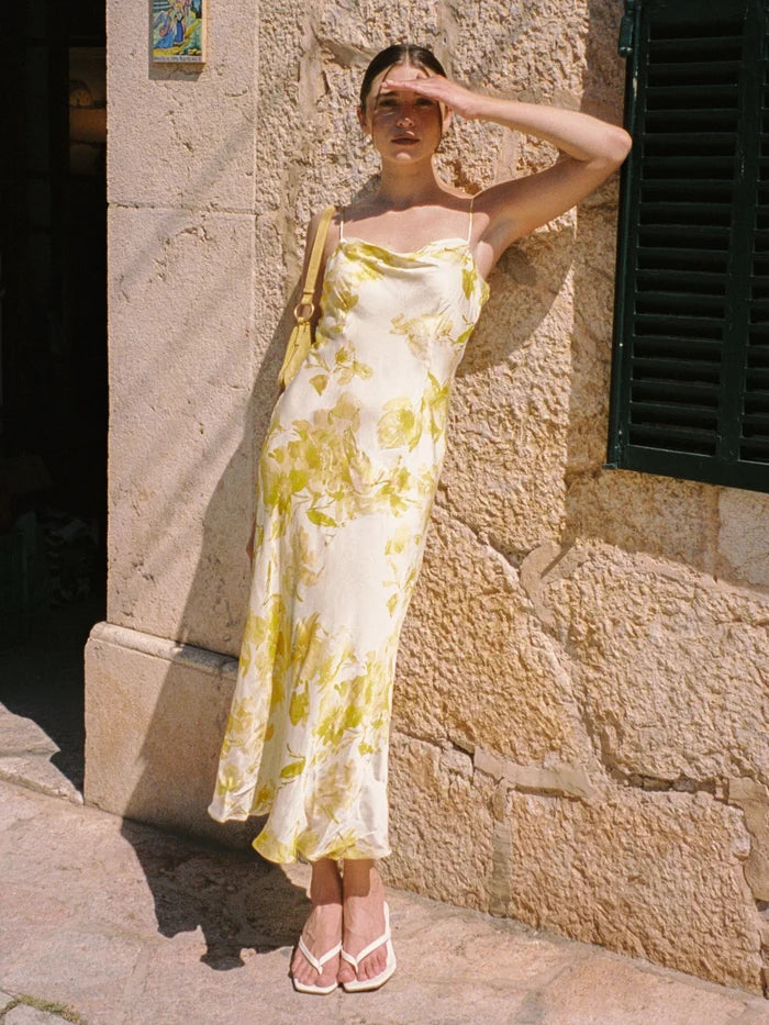 Oona Satin Sophie Fleur Cowl Neck Dress
