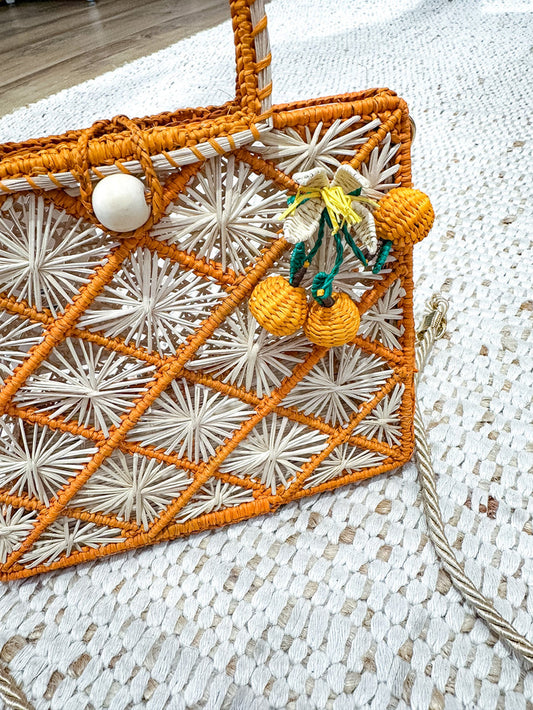 Orange Detailed Small Straw Handbag