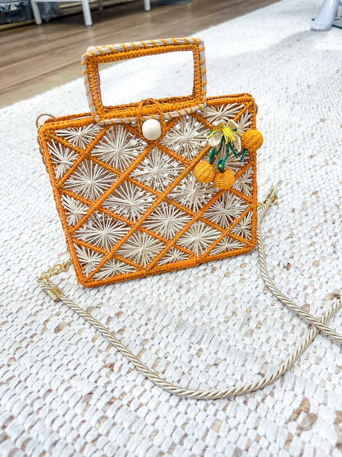 Orange Detailed Small Straw Handbag