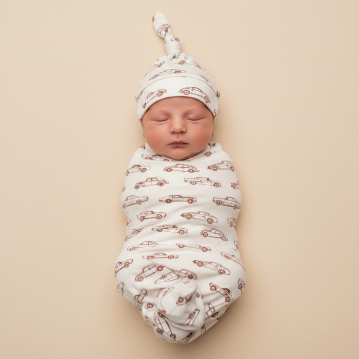 Organic Swaddle Blanket & Hat Set - Cars