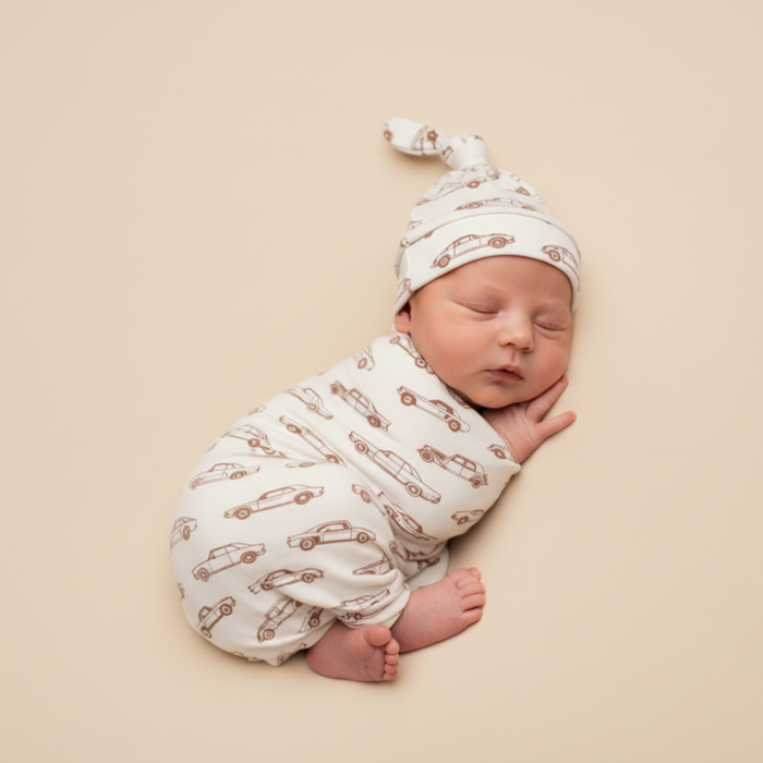 Organic Swaddle Blanket & Hat Set - Cars