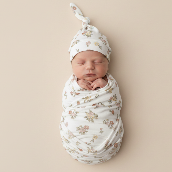 Organic Swaddle Blanket & Hat Set  - Meadow