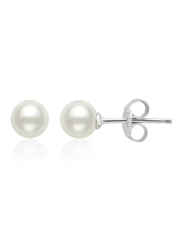 A pair of pearl earrings with a metallic (platinum-colored) band, displayed against a white background.