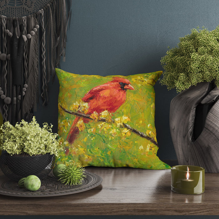 Pillow Cover, Northern Cardinal Male Red Bird Pillow, Comfortable, Bright Yellow Pillow, Fun Throw Pillows, Square, Home Decor Pillow