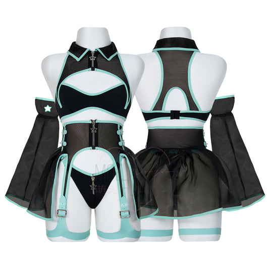 Pixel Kiss - Mesh Cyber Girl Lingerie Dress with Garters