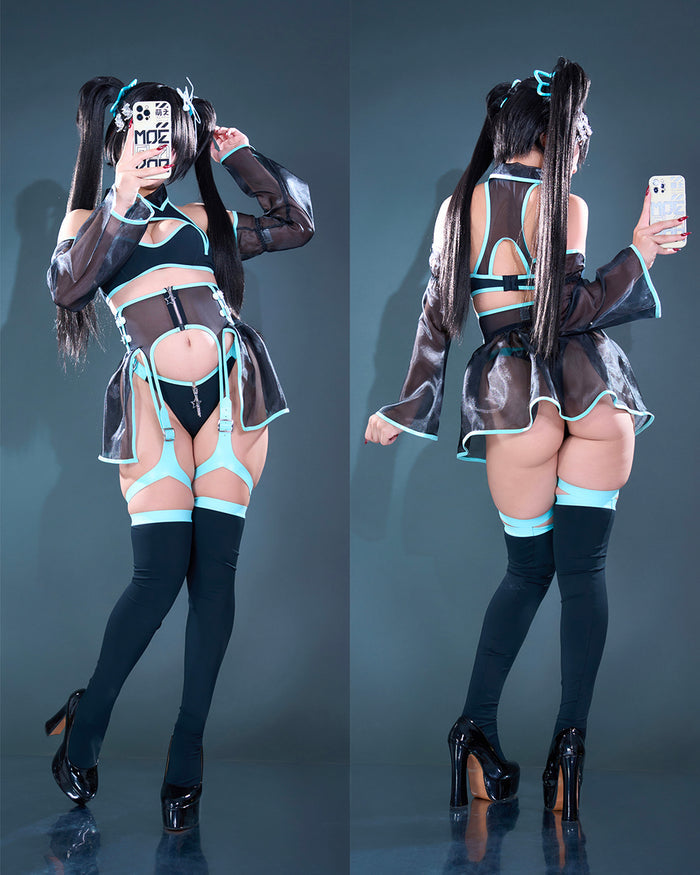 Pixel Kiss - Mesh Cyber Girl Lingerie Dress with Garters