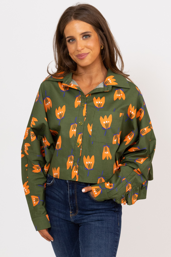Poplin Poppy Ruffle Back Button Up-Olive