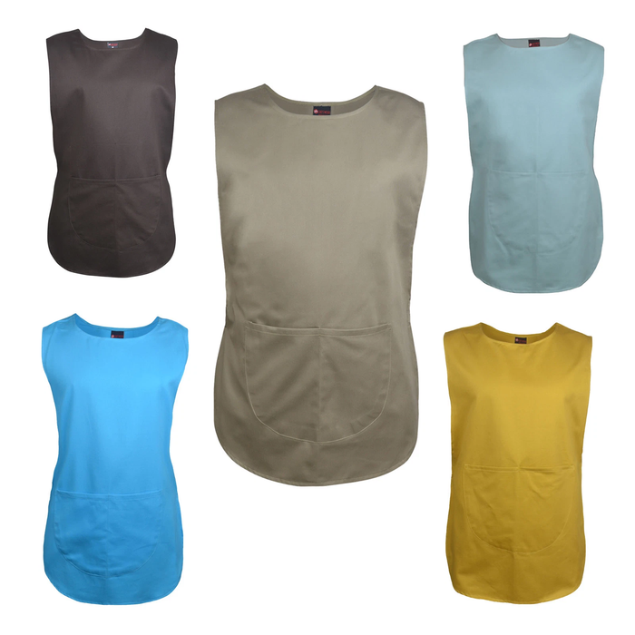 Five premium tabard aprons in different colors on a white background